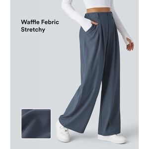 Halara Flex High Waisted Pocket Wide Leg Waffle Work Pants Blue Large Petite
